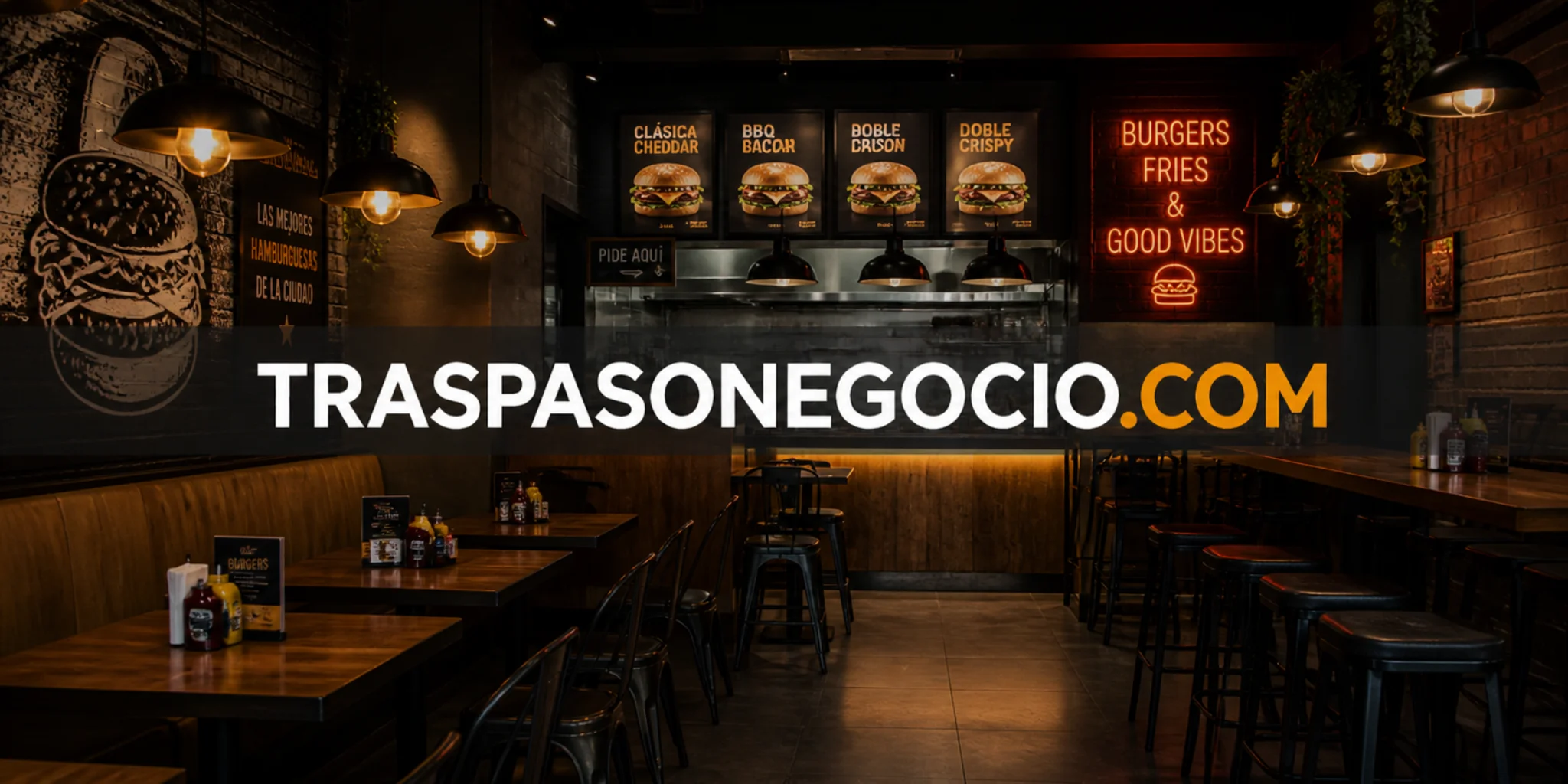 Traspaso de hamburguesería con cocina equipada, licencia, salida de humos, delivery y concepto de comida rápida.